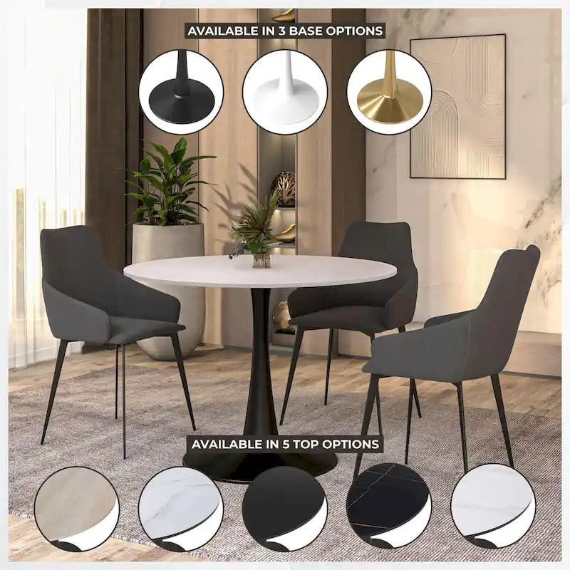 LeisureMod Bristol 40 Round Dining Table for 4 with MDF Wood Tabletop in Black Steel Base for Kitchen & Dining Room