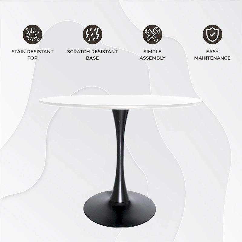 LeisureMod Bristol 40 Round Dining Table for 4 with MDF Wood Tabletop in Black Steel Base for Kitchen & Dining Room