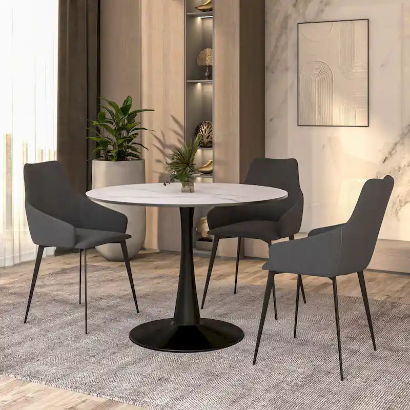 LeisureMod Bristol 40 Round Dining Table for 4 with MDF Wood Tabletop in Black Steel Base for Kitchen & Dining Room