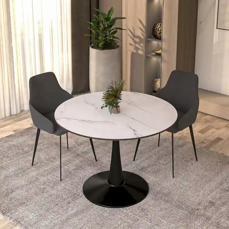LeisureMod Bristol 40 Round Dining Table for 4 with MDF Wood Tabletop in Black Steel Base for Kitchen & Dining Room