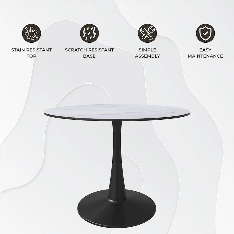 LeisureMod Bristol 40 Round Dining Table for 4 with MDF Wood Tabletop in Black Steel Base for Kitchen & Dining Room