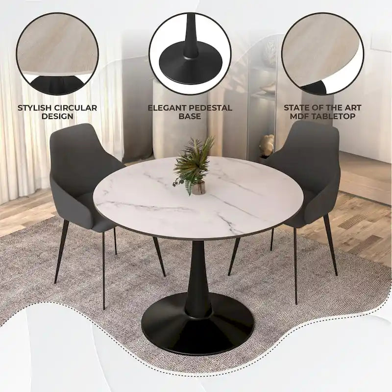 LeisureMod Bristol 40 Round Dining Table for 4 with MDF Wood Tabletop in Black Steel Base for Kitchen & Dining Room
