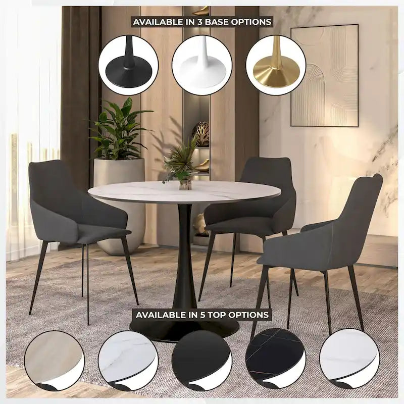 LeisureMod Bristol 40 Round Dining Table for 4 with MDF Wood Tabletop in Black Steel Base for Kitchen & Dining Room